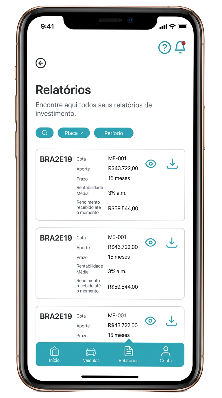 App exclusivo para investidores Smart Center mostrando relatórios de rendimento